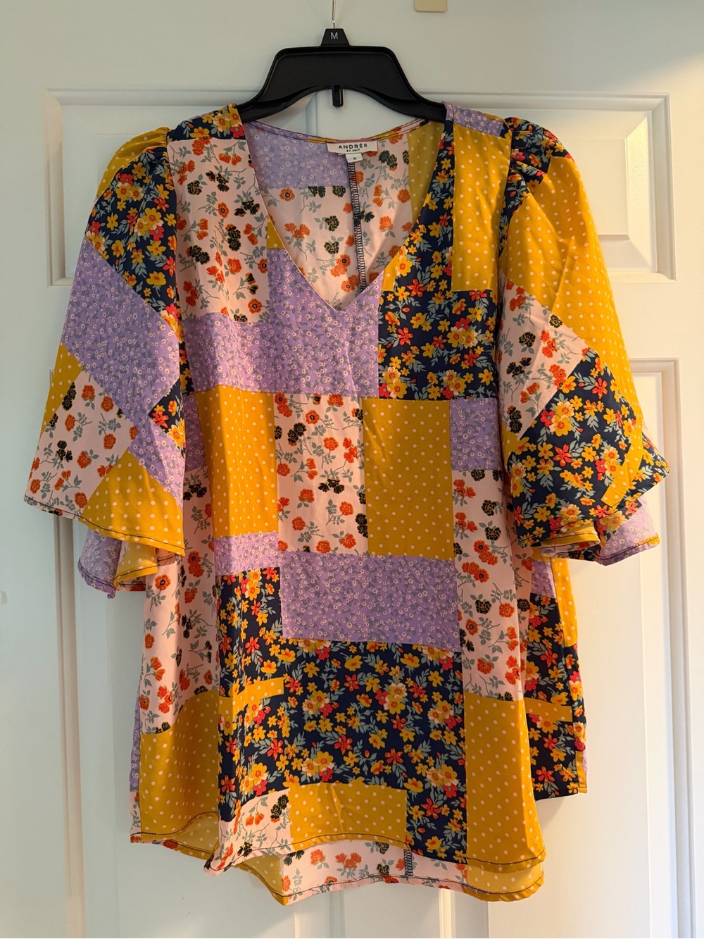 ANDREE BY UNIT Patchwork Floral V-Neck Top in Mustard, Lilac & Navy